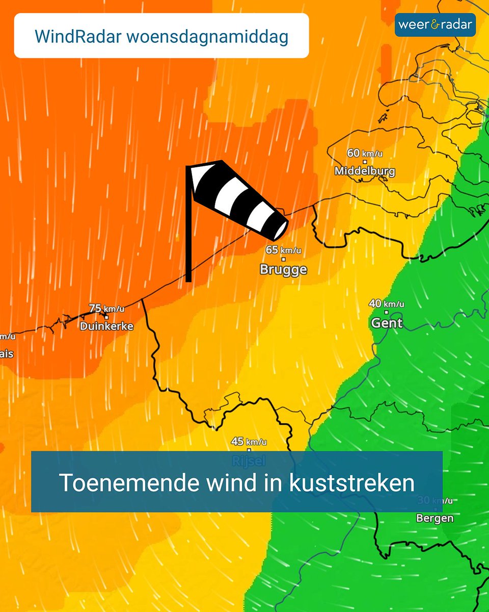 weerenradar_be's tweet image. +++ #Weerupdate woensdag 19 november 12u +++
In de komende uren neemt de wind in de Belgische kuststreken tijdelijk flink toe, met direct aan zee #rukwinden tot 75 kilometer per uur aan het einde van de namiddag. Volg het op de live #WindRadar: app.weerenradar.be/U13Q/ou8doghq