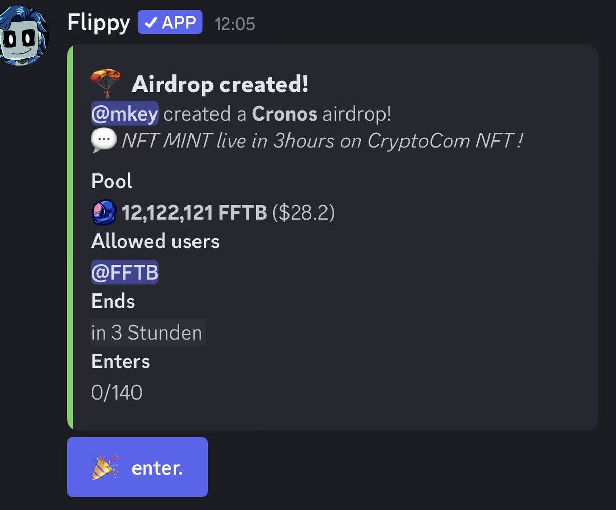 🪂AIRDROP LIVE and open to claim for everyone !!! #FFTB 

discord.gg/7GR7aUZm3X

Mint starts in 3 hours @MissionCro on <a href="/cryptocomnft/">Crypto.com NFT</a> ! 

#AirDrop #Crofam #Cronos