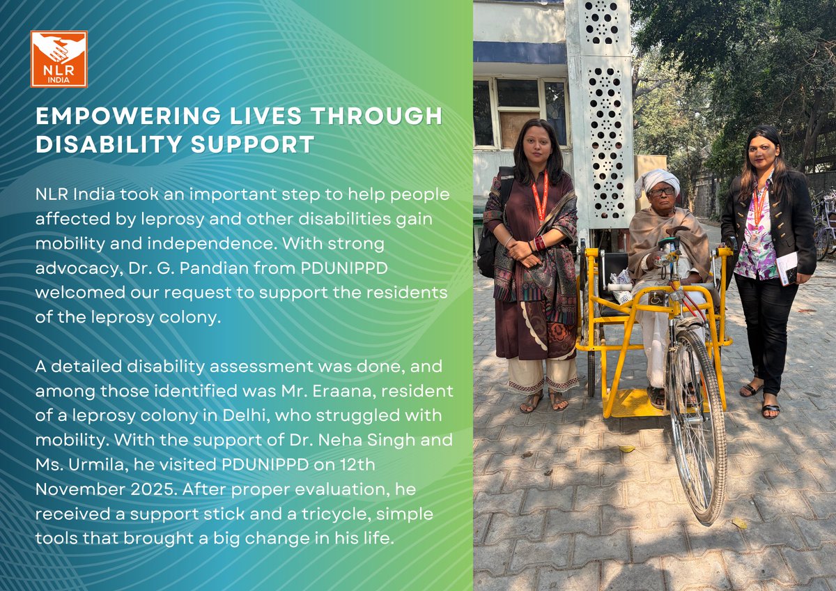 NLRIF_'s tweet photo. A New Beginning for Mr. Eraana

With support from NLR India and PDUNIPPD, Mr. Eraana received a tricycle and walking stick, giving him the freedom to move independently for the first time in years.

Together, we continue to empower persons affected by leprosy and disability. https://t.co/HreKuEnG2n
