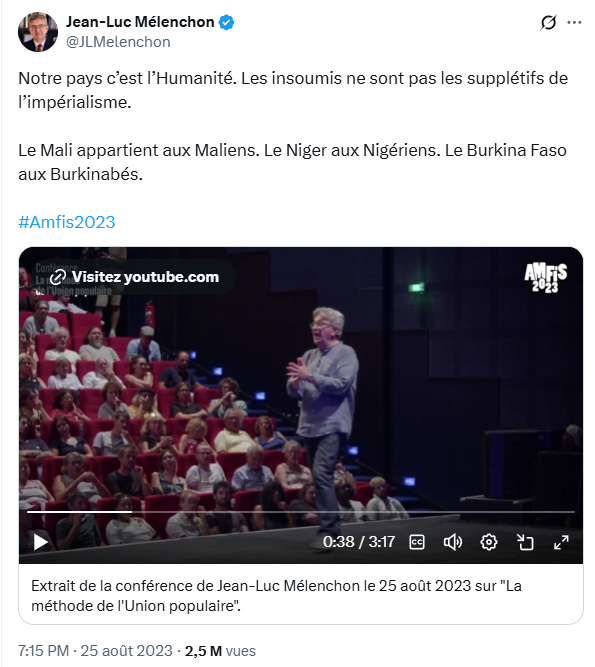 nicolasfaure89's tweet image. Mélenchon a le droit de dire : « Le Mali aux Maliens. Le Niger aux Nigériens. Le Burkina Faso aux Burkinabés. »

Mais @MatthiasRN n&apos;a pas le droit de dire : « La France et les Français d’abord » ?!

C&apos;est pourtant moins « grave » (dans l&apos;esprit halluciné d&apos;un gauchiste) en…