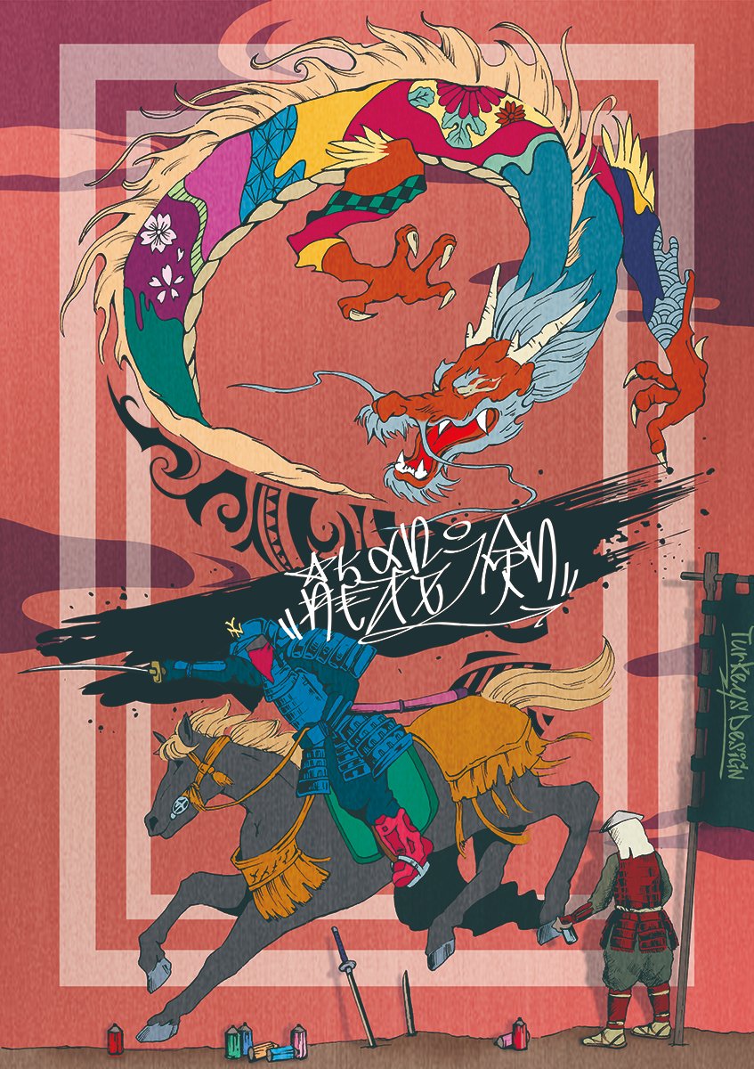 TurkeysDesign's tweet image. 艶やかな悪しき龍を討伐する侍の図。