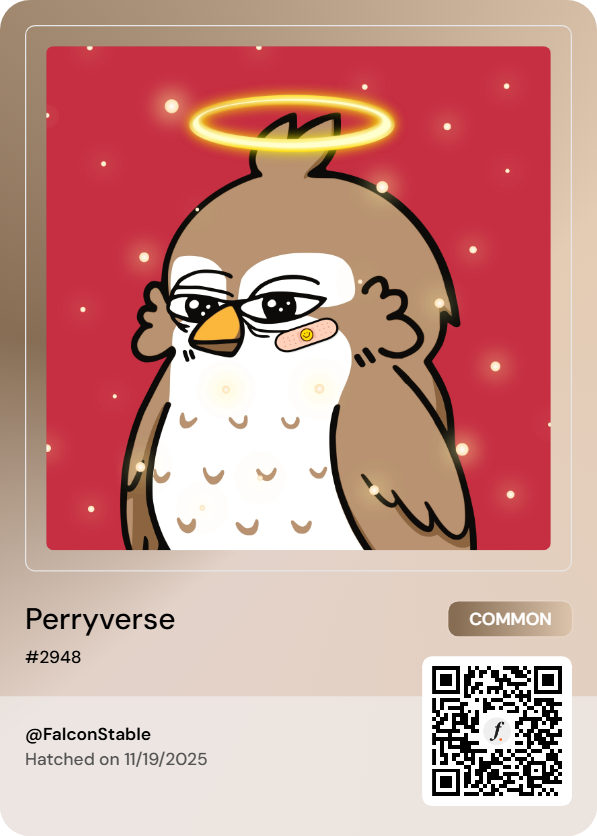 Sych1009's tweet photo. My Perry Egg has now hatched 🦅

#Perryverse traits will give multiplier boosts to Season 2 Falcon Miles! 

Join the #Perryverse with me https://t.co/HCvBegBO9S  Will Hold and stake soon Maybe get the $FF Token 👀 https://t.co/XdzfOd0FY2