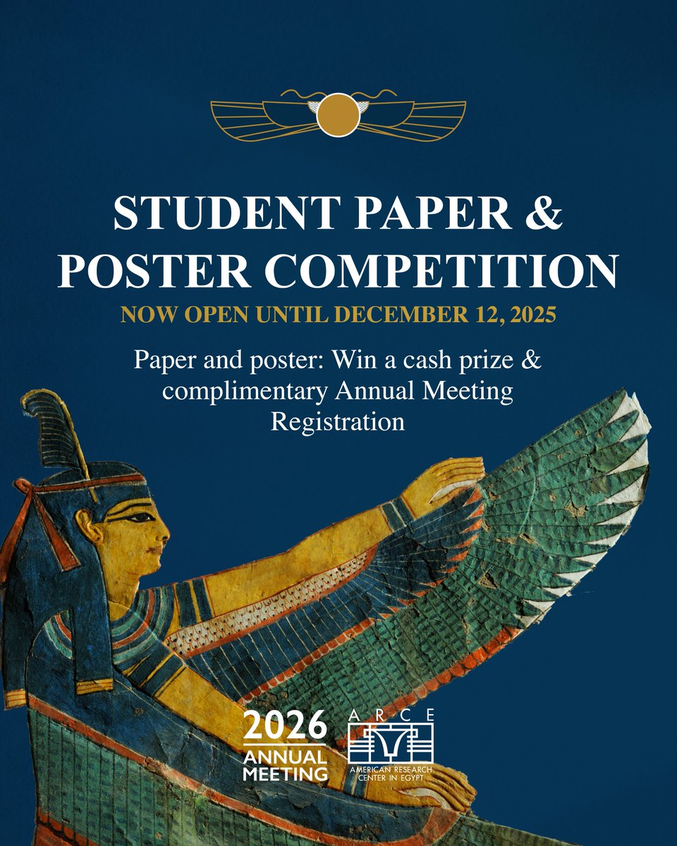 ARCENational's tweet image. Calling all student researchers! Submissions for ARCE’s 2026 Annual Meeting are now open. Share your work, connect with experts, and compete for the Best Student Paper &amp;amp; Poster Awards 🌟

🗓️ Deadline: Dec 12, 2025
🔗 Apply now: shorturl.at/FzCat

#ARCE #AM2026 #Denver