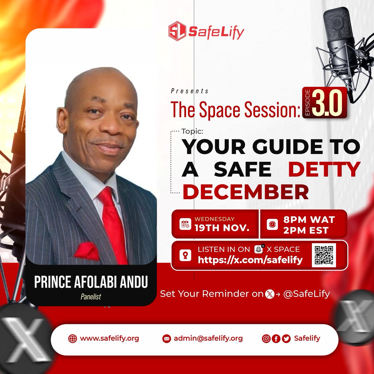 SafeLify's tweet image. 🎉 Detty December is coming! But let’s make it safe 👮‍♂️💃

Join us on X Space for “Your Guide to a Safe Detty December”
🗓️ Nov 19, 2025
🕗 8PM WAT | 2PM EST
🎙️ Guest: Prince Afolabi Andu

🔔 Set reminder → @SafeLify
#DettyDecember #SafeLify #XSpace