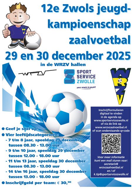 Inschrijven kan nog tot en met 11 december. Leeftijden 9/10 &amp; 11/13 jarigen is deelname niet meer mogelijk, maximale aantal teams bereikt.
Alleen 7/8 en 14/16 nog deelname mogelijk.
Mede mogelijk dankzij het  aan <a href="/novonschoonmaak/">Novon Schoonmaak</a> Stadscafé Blij en Breman Utiliteit Zwolle
