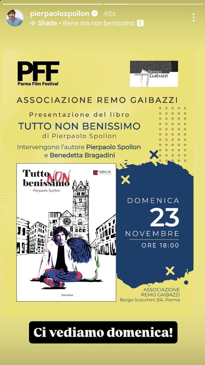 bennyyz_'s tweet image. !!! domenica @pierspollon sarà al Parma Film Festival dove
presenterà il suo (meraviglioso) 
libro #TuttoNonBenissimo 
📌 domenica 23 novembre H. 18 
(la canzone bene ma non
benissimo sotto è perfetta.)
#Spollondì #Spollonverso