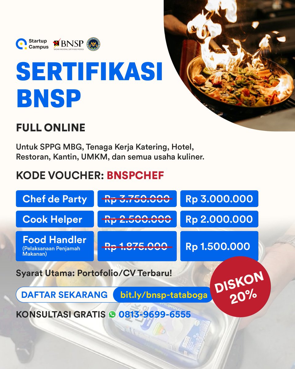 startupcampusid's tweet photo. @letcyya_ halo kak, mjb yaa. kami menyediakan sertifikasi BNSP skema Food Handler nih 😊

mumpung ada promo, bisa langsung cek di https://t.co/gIiGmevWRL yaa https://t.co/RaTe7mBWs8