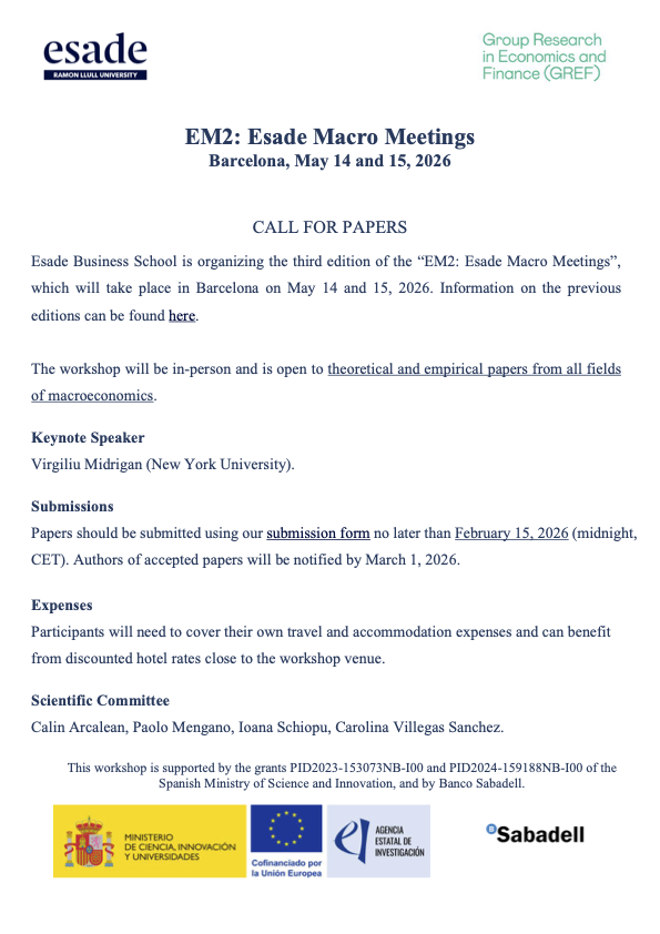 🚨CALL FOR PAPERS🚨

📢 Join us for the 3rd <a href="/Esade/">Esade</a> Macro Meetings (EM2) in Barcelona, May 14-15!

🧑‍🏫 Keynote: Virgiliu Midrigan (<a href="/virgiliu79/">virgiliu midrigan</a> <a href="/NYUFASEcon/">NYU Economics Department</a> ).

🗓️ Submission Deadline: February 15.

📃 Submit here: form.jotform.com/253153254696058

#EconTwitter #EconX