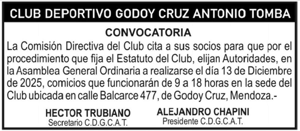 Godoy Cruz convocó a elecciones. Esta es la publicación de este miércoles en diario Los Andes papel. Por ahora, no enviaron el anuncio a los socios y socias por mail.