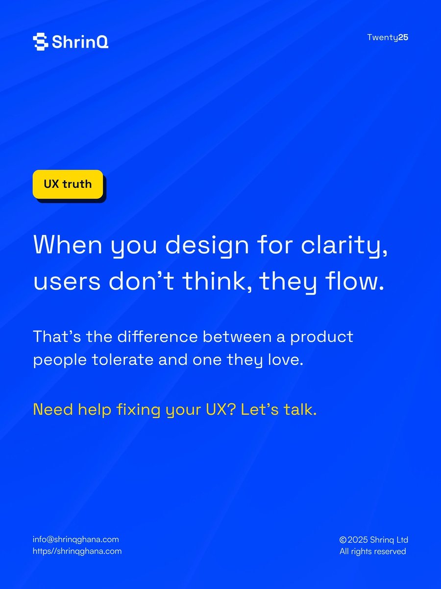 shrinqghana's tweet image. Simple, intuitive products don’t need manuals. They guide you without shouting for attention.
That’s exactly what ShrinQ creates.
Explore ShrinQ Today
#ShrinQ #ProductDesign #UserExperience #UXDesign #HumanCenteredDesign #SoftwareSolution #DigitalInnovation #Ghana #TechCommunity