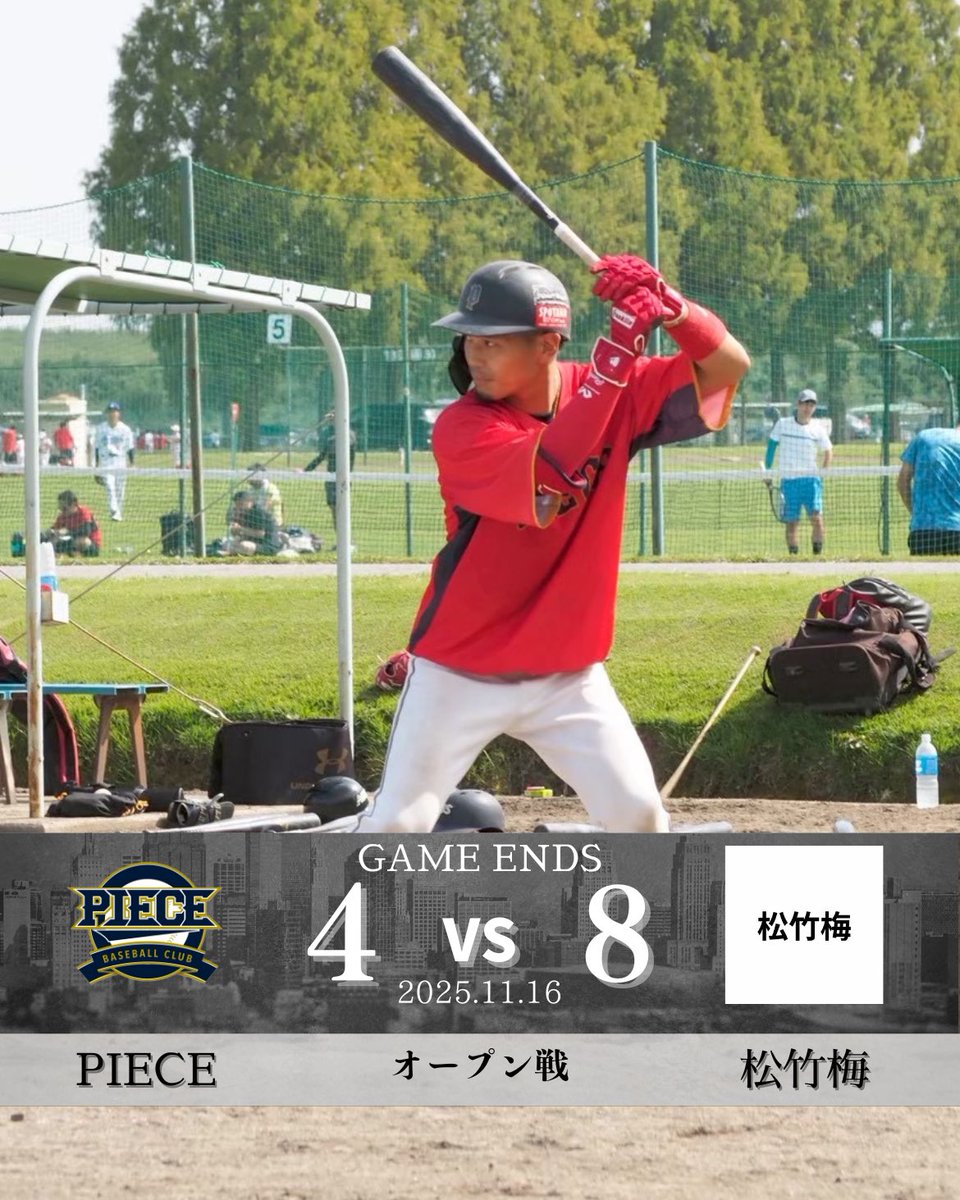 piece_baseball's tweet photo. 2025.11.16（sun）
オープン戦
🆚 松竹梅 様

【 PIECE  4 - 8  松竹梅 】
 Ｍ｜０００｜１７０｜８
 Ｐ｜２００｜０２０｜４

二塁打 : 
三塁打 : 
本塁打 : 

C高橋 ー P松山→上島 https://t.co/71BLg1Y4vR