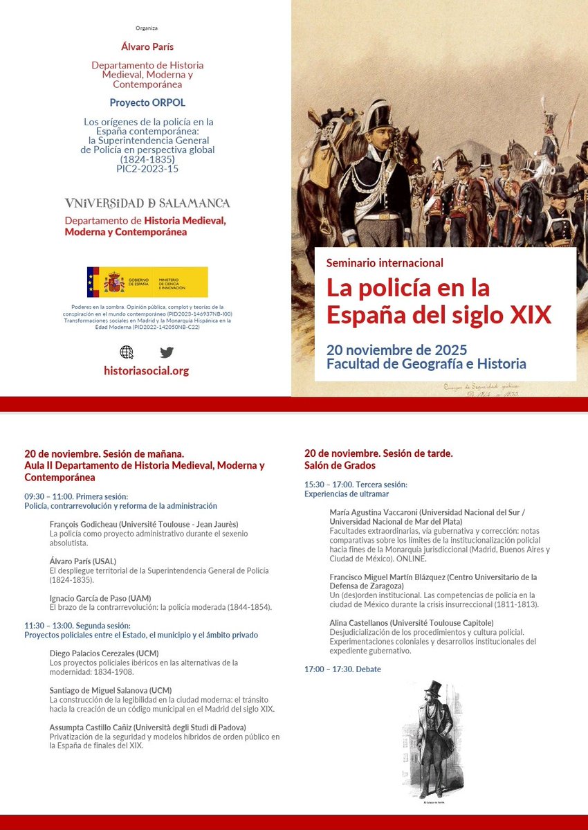 Mañana en <a href="/DptoHa/">Dpto. Hª Medieval, Moderna y Contemporánea. USAL</a> <a href="/GeoHistoUsal/">Facultad de Geografía e Historia USAL</a> debatimos sobre los orígenes de la policía en la España contemporánea 

Reforma, represión y resistencias en la península y los territorios americanos