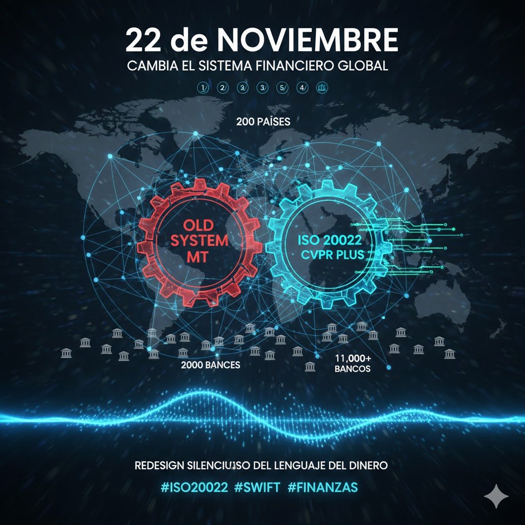 🧵 HILO — El 22 de Noviembre Cambia el Sistema Financiero Global

El 22 de noviembre ocurre uno de los cambios más importantes en décadas: más de 11.000 bancos en 200 países abandonan el viejo sistema MT y migran a ISO 20022 CVPR Plus.

#ISO20022 #SWIFT #Finanzas
