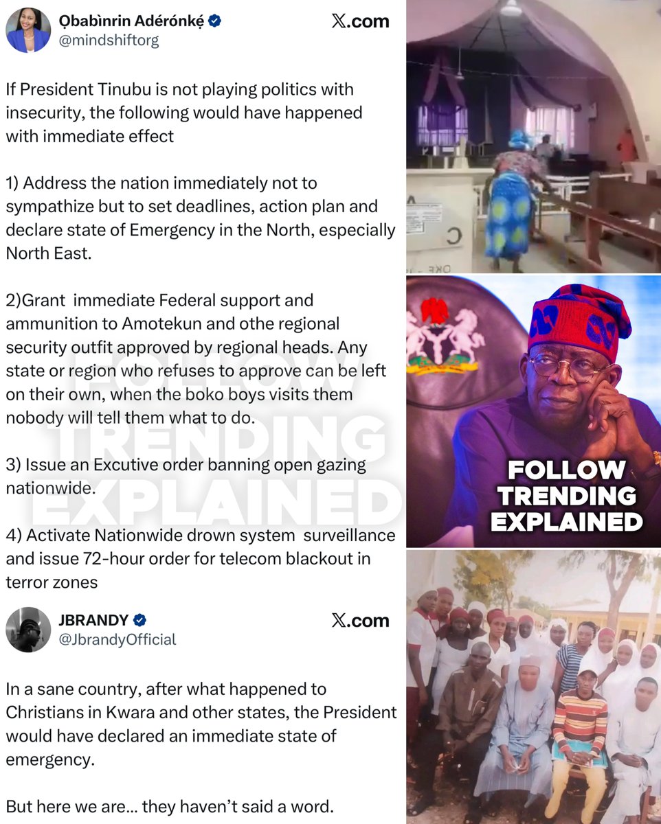 TrendingEx's tweet photo. State of Emergency is trending because Nigerians saying Enough is Enough are wondering why Pres. Tinubu is yet to declare an SOE in the North and Kwara despite the uncontrollable chaos.

But he was quick to declare SOE in a Rivers State that had no insecurity, just political tension between Nyesom Wike and defaulting protege, Sim Fubara.

With the military’s failing efforts to end the wanton killings in North Central, North East North West, Kwara.

Scores were kidnapped in a CAC church in Kwara yesterday. On Monday 25 girls were kidnapped from a school in Kebbi. On Friday, a Brigadier General was ambushed, hunted and executed by ISWAP. 

New reports today suggest the soldiers who mobilized to rescue the 25 kidnapped girls in Kebbi were ambushed, again.

Nigerians perceive a lack of urgency, and feel State of Emergency should be declared in these regions, just how Goodluck Jonathan did in 2013. 

In 2013, President Goodluck Jonathan declared state of emergency in Adamawa, Yobe and Borno States over Boko Haram insurgence, but he didn’t suspend democratic structures.

Nigerians believe the events happening in Kebbi and Kwara is suitable for a SOE. But since there is no political interest in the state, it won’t be triggered by the President.

March 18th 2025, SOE was declared in Rivers State after a series of distant blasts, alleged to be pipelines. 

FG cited the Governor’s inability to maintain peace and order in the state. 

— Even though there weren’t disorderliness in the state. A Military Administrator who is also an old ally of Wike, Ibok Ibas was appointed till 18th September. 

After his hand over, Ibok reportedly refused to give account of expenses during his six months reign.

Pres. Tinubu has departed for a meeting in South Africa and the 7th AU-EU Summit in Angola.

• Make your voice count in the next elections! Lock down your polling units at https://t.co/1jqs7eUmth and watch your results in real time, from Polling Unit to Collation Centre! Follow @CitizenMonitors