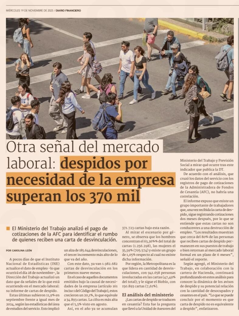 ❌ Despidos por necesidades de la empresa Superan los 370.000 en 2025 y por efecto de rotación + despidos 1.962.682 cartas de desvinculación se cursaron entre enero y septiembre de este año.

🔸 Invitarlos a todos a que no digamos que el "país se cae a pedazos" porque eso