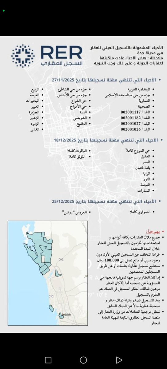 جميع ملاك الأراضي في هذي الأحياء يجب عليهم تسجيل عقاراتهم في التسجيل العيني للعقار قبل التواريخ المحدده ولا بيتعرضون للغرامة المالية