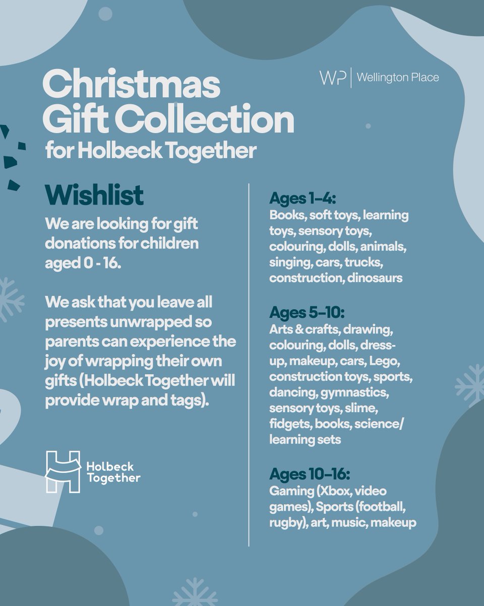 In the run up to Christmas we're collecting donations for @HolbeckTogether_, a brilliant Leeds charity who support the local community.

If you're able to, please drop any of the items listed here to Wellington Central (6 Wellington Place) between 9am-5pm until 5 December.