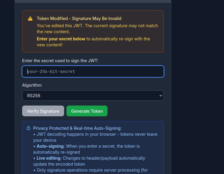 Dghost_Ninja's tweet image. Won&apos;t be bad if xjwt.io includes other format for those working with public keys or RS256 Alg, just like JWT[.]io has. Not just 256 bit

Been trying to verify this token signature n manipulate same time and it&apos;s really stressful @commando_skiipz @ExploitforgeLTD