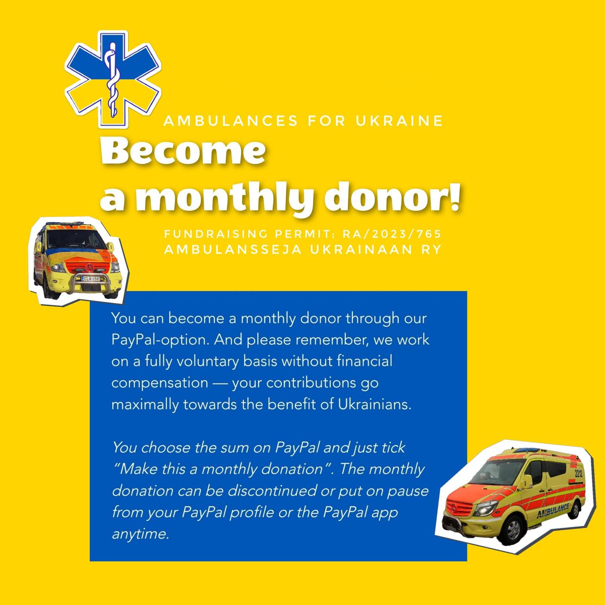 Maintaining the ambulances that have already been delivered is important!

We don't want them to go to waste just because the maintenance cost a few hundred euros.

I would like to remind you that you can also become a monthly donor through PayPal.

🟡 paypal.com/donate/?hosted…