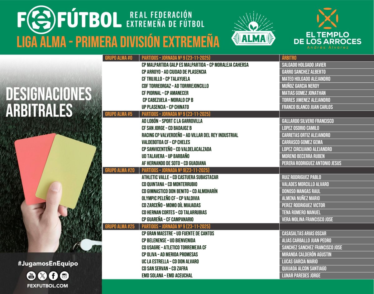 FedExFutbol's tweet photo. ⚖ | #Arbitraje |

📌Designaciones arbitrales para la próxima jornada en #TerceraRFEF y #LigaAlma🍅 (1ª Div. Extremeña).

🥘Con el impulso de #ElTemploDeLosArroces

👍¡Suerte y respeto para todos los colegiad@s!

#Extremadura💚🤍🖤
#JugamosEnEquipo https://t.co/me2yY2yYVa