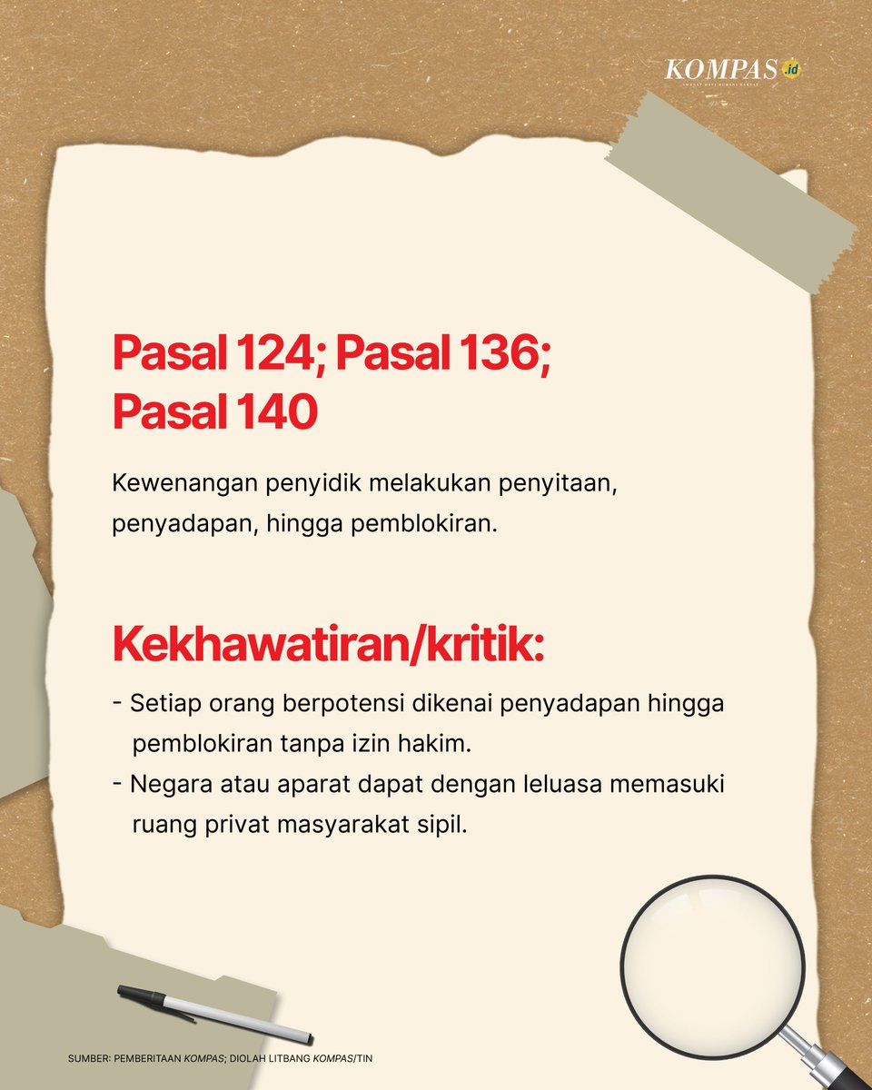 hariankompas's tweet photo. Berikut sejumlah pasal RUU KUHAP yang telah disahkan dan kekhawatiran publik terhadapnya.
β‘οΈ https://t.co/YVasXGpTja
#KUHAP #DPR #HarianKompas #Kompasid #AdadiKompas https://t.co/iZJww6QSVv