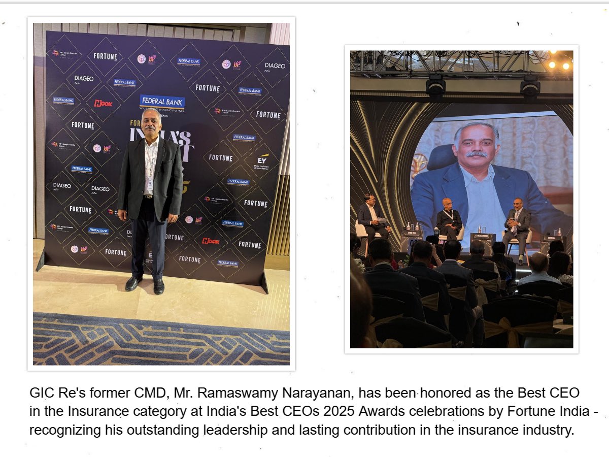 GIC Re's former CMD, Mr. Ramaswamy Narayanan, has been honored as the Best CEO in the Insurance category at India's Best CEOs 2025 Awards celebrations by Fortune India - recognizing his outstanding leadership and lasting contribution in the insurance industry.
#BestCEO
