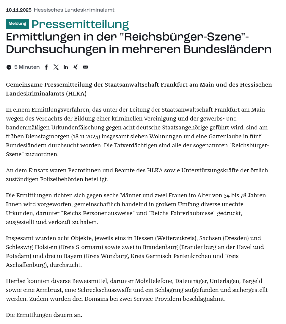 ER_Bund's tweet image. Im Milieu der #Reichsbürger es ist wegen des Verdachts der Bildung einer kriminellen Vereinigung sowie Urkundenfälschung zu Razzien bei acht Personen gekommen. Sie sollen &quot;Reichs-Personenausweise&quot; und &quot;Reichs-Fahrerlaubnisse&quot; verkauft haben. Gefunden wurden auch Waffen: