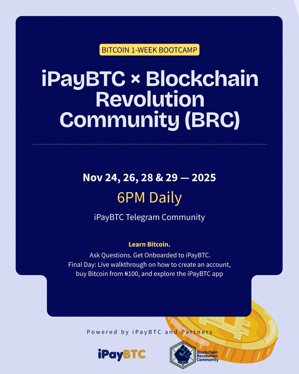 𝐓𝐡𝐞 𝐁𝐢𝐭𝐜𝐨𝐢𝐧 𝐁𝐨𝐨𝐭𝐜𝐚𝐦𝐩 𝐘𝐨𝐮’𝐯𝐞 𝐁𝐞𝐞𝐧 𝐖𝐚𝐢𝐭𝐢𝐧𝐠 𝐅𝐨𝐫⚡🔥🥳

Want to finally understand Bitcoin without stress?
iPayBTC, in partnership with Blockchain Revolution Community <a href="/BR_Community1/">Blockchain Revolution Community</a>, is hosting a powerful 1-week Bitcoin Bootcamp to take you from
