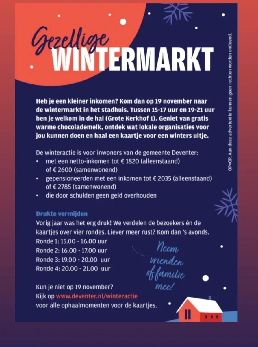Ben je inwoner van Deventer en heb je een kleiner inkomen?
kom dan vandaag (19 nov) naar de Wintermarkt in de hal van het Gemeentehuis 👇