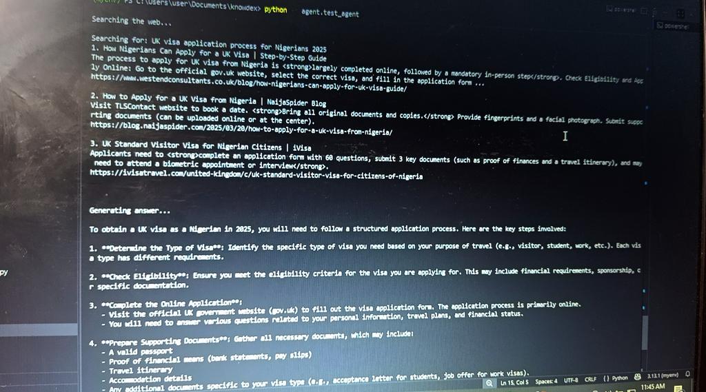OpeyemiBolatit1's tweet image. Been ghost for a few days building something cool.Decided to build a research agent . Day 1: Woke up, mapped out the entire architecture Fast forward: The agent now searches the web, pulls information, and cites sources like a pro.Currently testing before I dive into the backend.