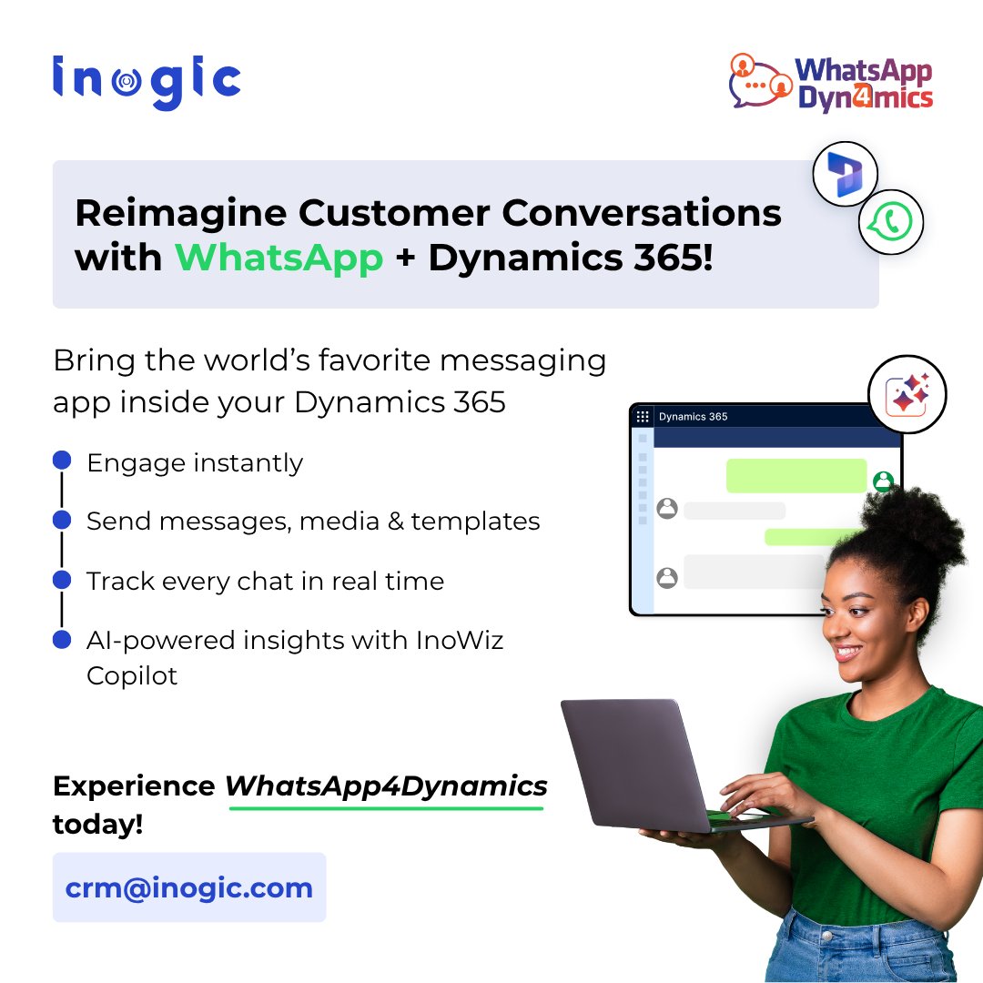 inogic's tweet image. WhatsApp… inside Dynamics 365?
YES.
 
Meet WhatsApp4Dynamics - message, track, send media &amp;amp; use #AI insights without leaving your CRM.

Smarter #chats. Faster replies. Happier customers.

#WhatsApp4Dynamics #Dynamics365 #CRM #AIinCRM