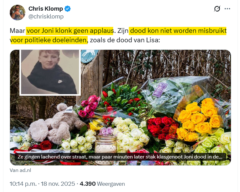 weg_met's tweet image. De 13(!)-jarige Joni vermoord.

Volgens &apos;journalist&apos; Chris Klomp kon deze moord 
niet voor politieke doeleinden misbruikt worden.

Dus daarom &apos;vergeet&apos; journaille Klomp te vermelden, 
dat dader de (toen) 13-jarige Turk Kagan is? 

Zoals Klomp structureel zaken &apos;vergeet&apos;.....