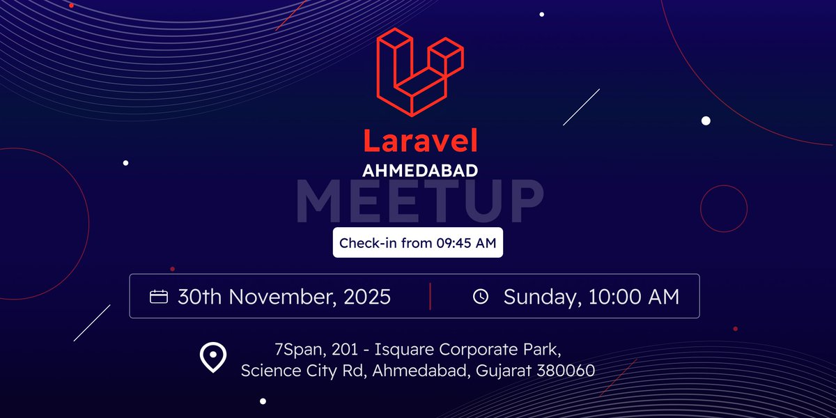 MrPunyapal's tweet image. Laravel Ahmedabad Meetup: November Chapter! 🎉

📅 Nov 30, 10 AM
📍 7Span, Ahmedabad

A great chance for Laravel developers to learn, share, and connect with the Laravel &amp;amp; PHP community. 💪

[Link in comments]