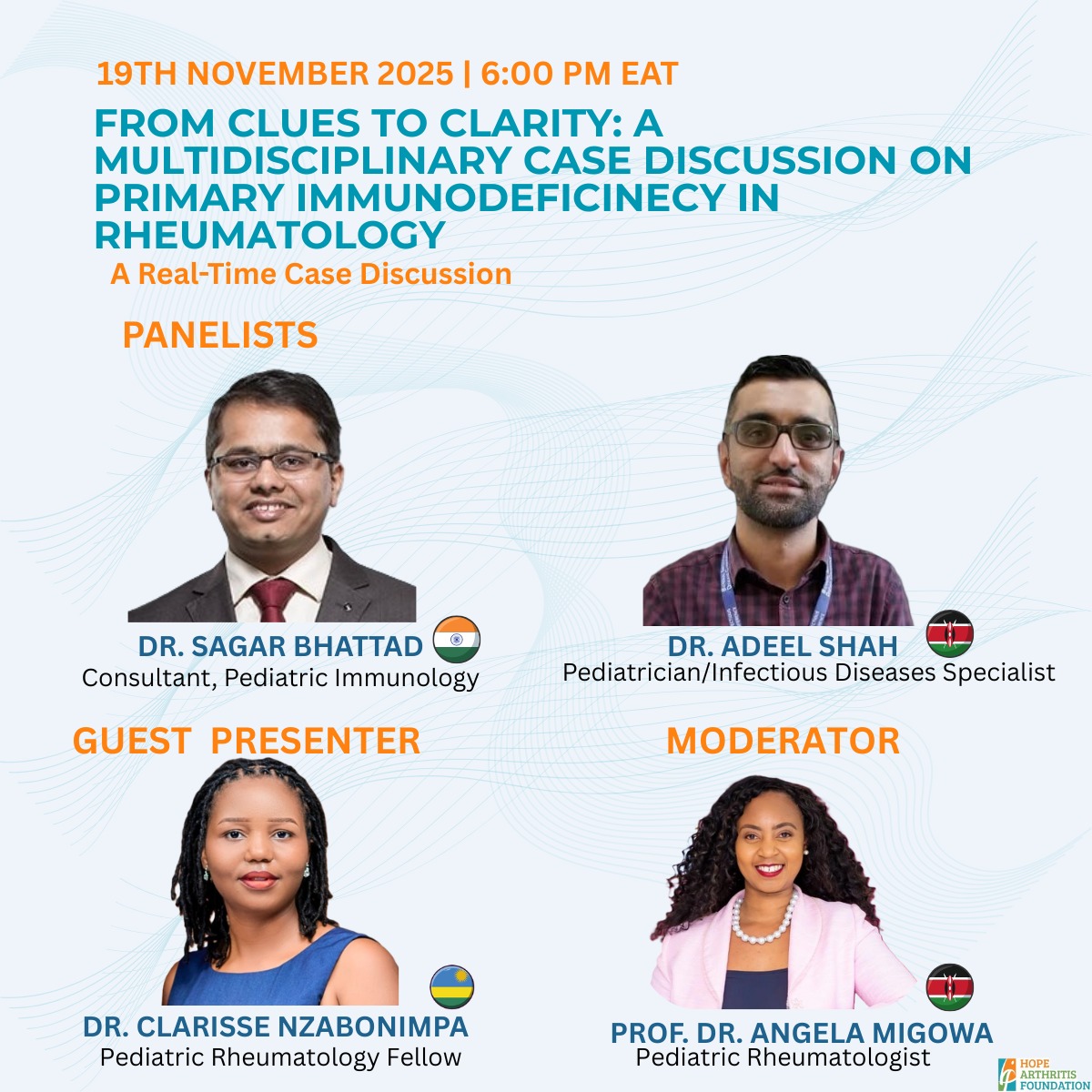 👩‍⚕️👨‍⚕️ Enhance your clinical lens with us!

HAF invites you to a live multidisciplinary case discussion on Primary Immunodeficiency in Rheumatology.

🗓️ Wednesday, 19th Nov
⏰ 6:00 PM EAT

💻 Zoom:
us06web.zoom.us/j/87136932456?…

Let’s learn, share, and strengthen care together.