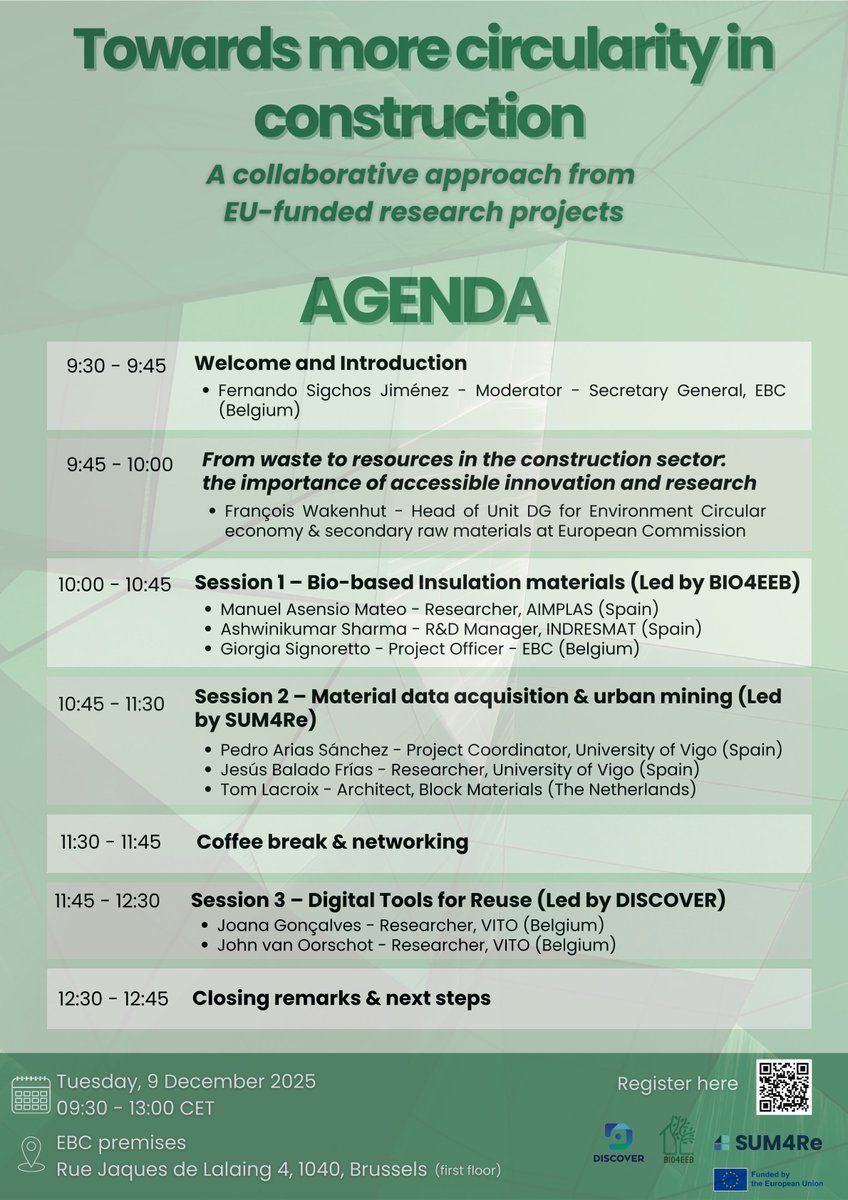Curious about what’s coming at our 9 Dec workshop?♻️
The full agenda is now here ! Explore sessions on EU projects, circular construction &amp; bio-based materials.

👉 See the agenda :