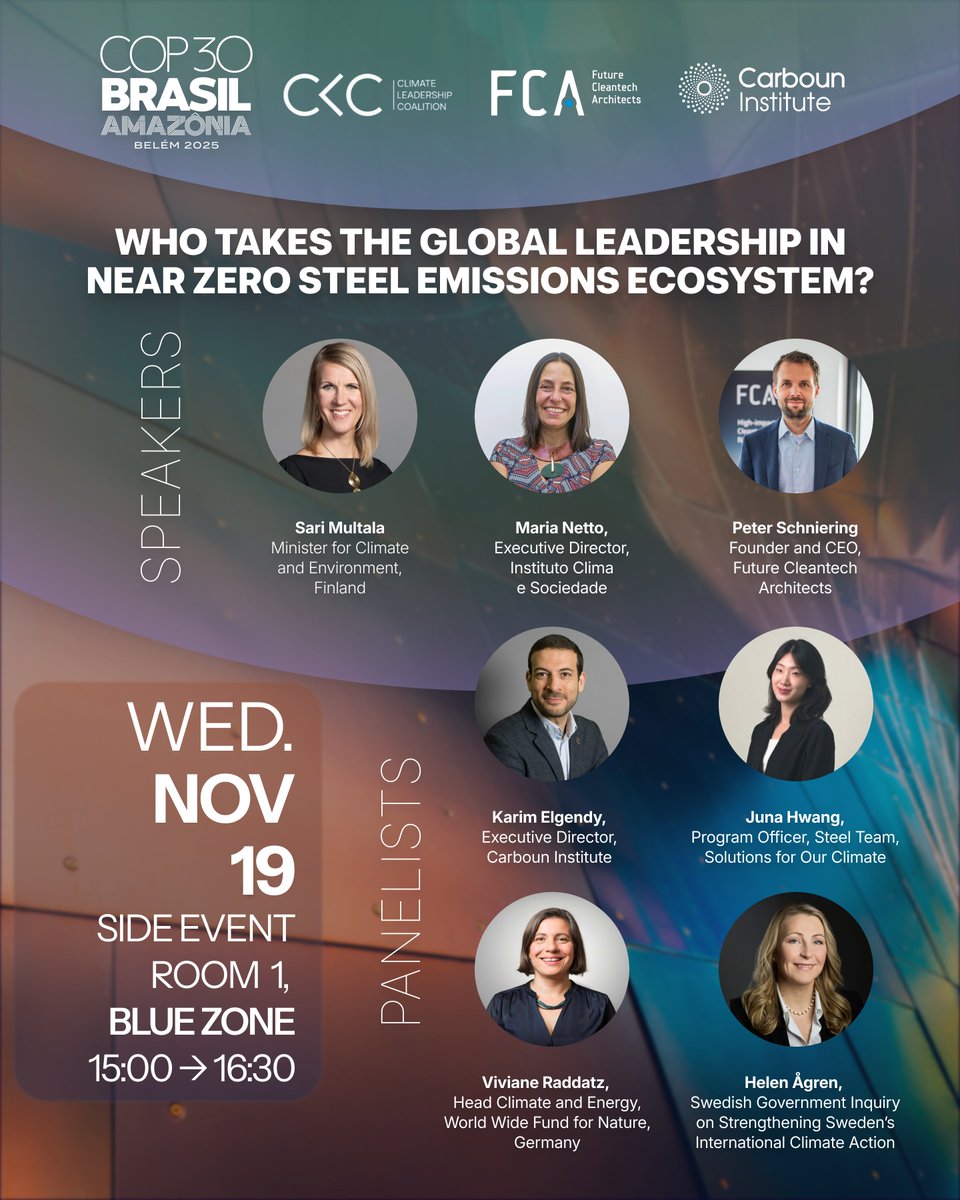 Join us today at #COP30 for a high-level dialogue assessing how global cooperation, technological innovation, and strong policy frameworks can advance the transition to near-zero emissions #steel.

📅 19 November 2025
🕒 15:00–16:30 BRT
📍 Side Event Room 1, Blue Zone