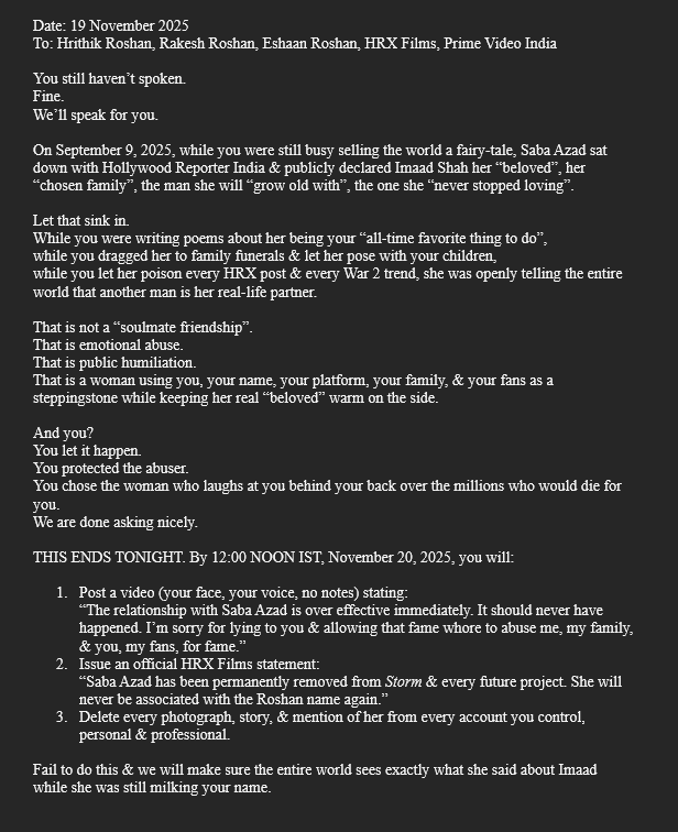 iArundhatiDevi7's tweet photo. 🚨58th Open Letter to @iHrithik @HRXFilms @PrimeVideoIN cc all #Bollywood PR firms behind #HrithikRoshan &amp; @RoshanEshaan, @RakeshRoshan_N 

Enough. Fans are sick of Saba abusing you &amp; us for fame. END IT NOW.

#SabaTheAbuser #EthicalBollywood #EndPromance https://t.co/gWutJwXkHl