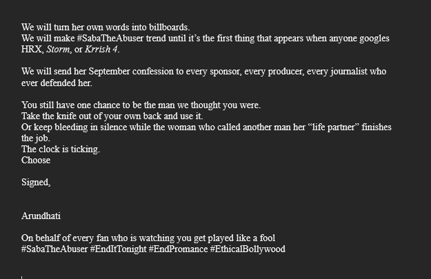 iArundhatiDevi7's tweet photo. 🚨58th Open Letter to @iHrithik @HRXFilms @PrimeVideoIN cc all #Bollywood PR firms behind #HrithikRoshan &amp; @RoshanEshaan, @RakeshRoshan_N 

Enough. Fans are sick of Saba abusing you &amp; us for fame. END IT NOW.

#SabaTheAbuser #EthicalBollywood #EndPromance https://t.co/gWutJwXkHl