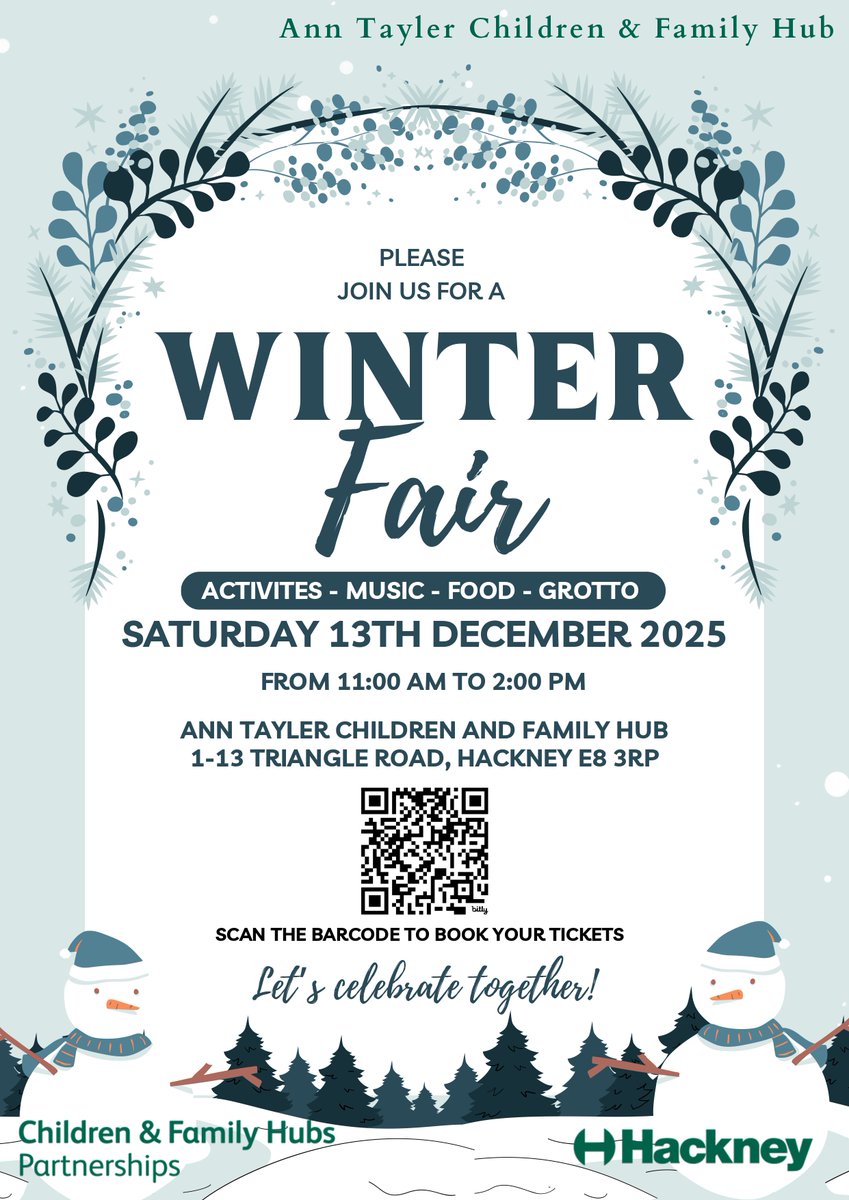 Join Ann Taylor Children &amp; Family Hub for their Winter Fair!

They will have lots of fun festive activities happening, music, food and a Santa's Grotto!

Taking place on Sat 13 Dec 2025
From 11am - 2pm
Location: Ann Taylor Children &amp; Family Hub, 1-13 Triangle Rd, Hackney, E8 3RP