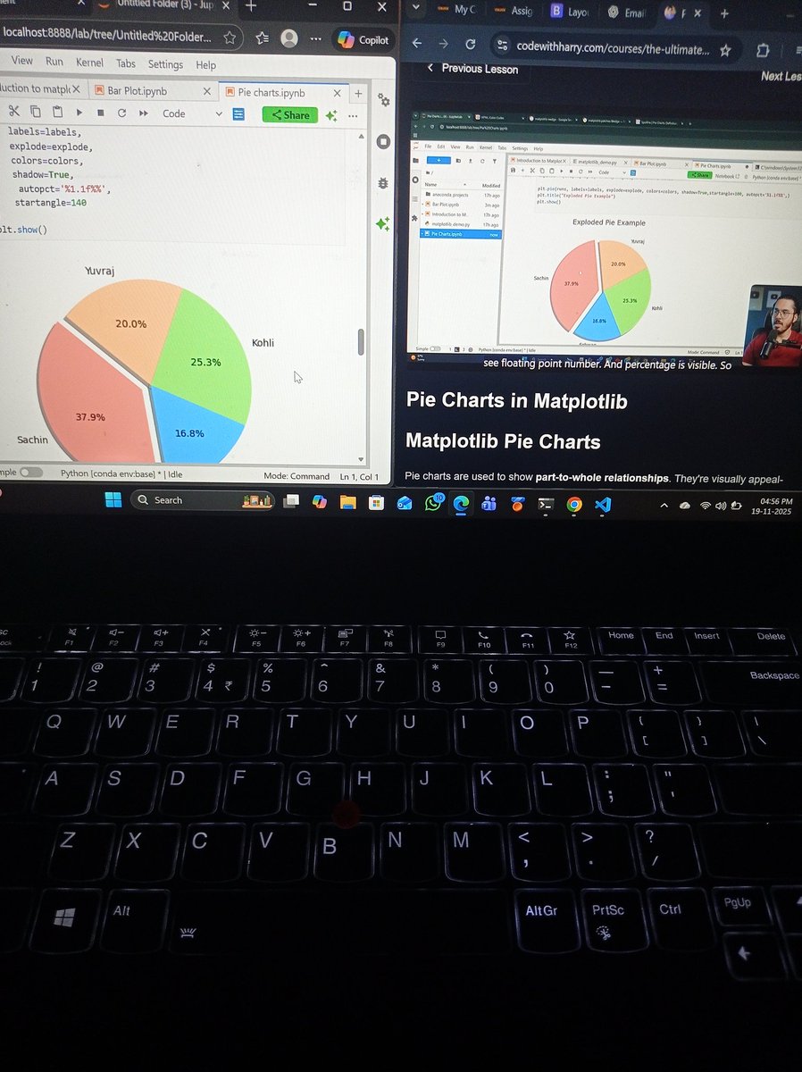Darshan27037383's tweet image. Day 25 of my #DataScience journey with @codewithharry 🚀
Learned Pie Charts in Matplotlib today — custom colors, edges, shadows, styles with wedgeprops, and angle management.
#100DaysOfCode #Python #LearningInPublic  #DataScience