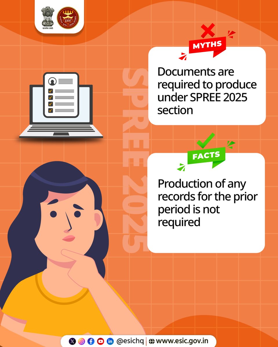 esichq's tweet image. Myths create confusion, but facts build trust.

With the right information, social security becomes truly empowering.
Know the real facts about SPREE 2025 and secure your future with ESIC!

#ESIC #SPREE2025 #MythVsFact

@mansukhmandviya  @ShobhaBJP @LabourMinistry @mygovindia…