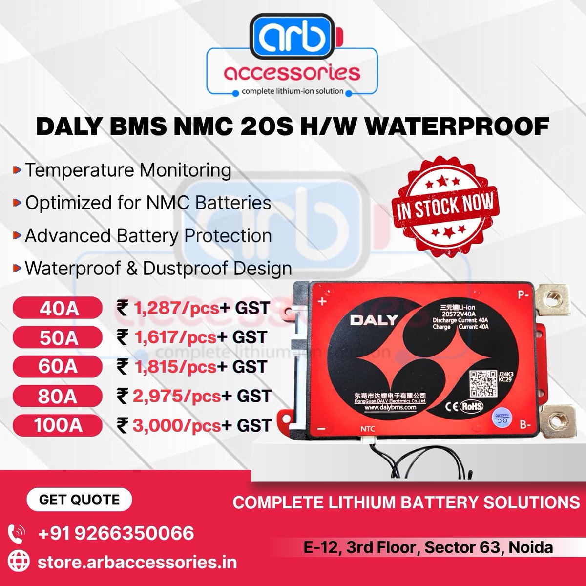 arb_ltd's tweet image. 🔋 DALY BMS LFP &amp;amp; NMC⚙️

🔹 DALY BMS NMC 16S H/W Waterproof – 40A 50A 60A 100A
🔹 DALY BMS NMC 17S H/W Waterproof –  30A 40A 50A 60A 100A
🔹 DALY BMS NMC 20S H/W Waterproof – 40A 50A 60A 80A 100A

🛒 Buy Now: 
store.arbaccessories.in/category/daly-…

#Arbaccessories #DALYBMS #BatteryProtection