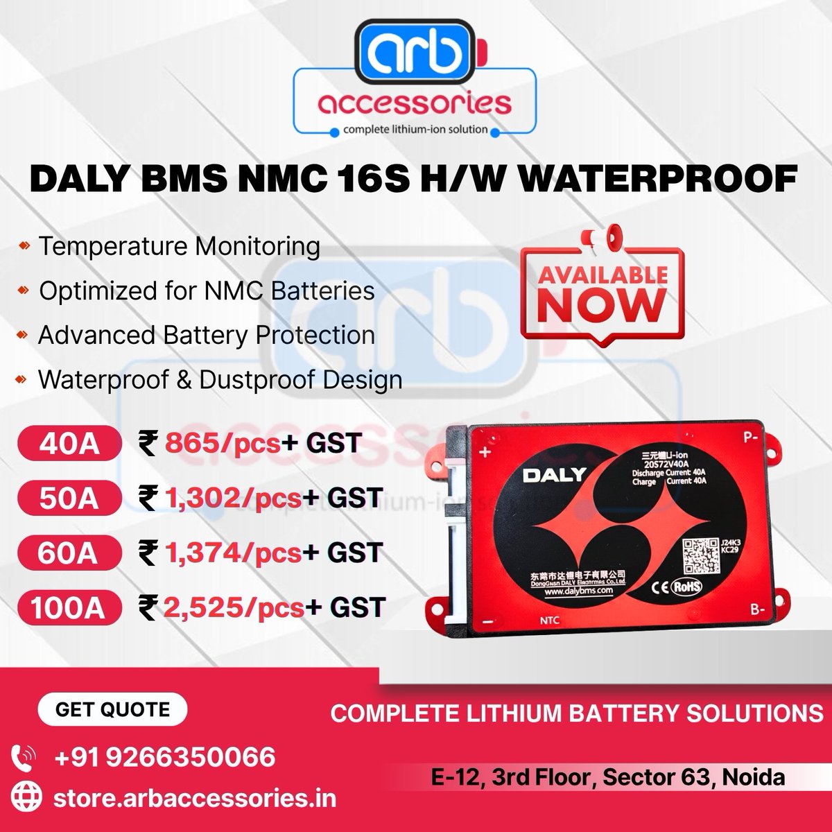 arb_ltd's tweet image. 🔋 DALY BMS LFP &amp;amp; NMC⚙️

🔹 DALY BMS NMC 16S H/W Waterproof – 40A 50A 60A 100A
🔹 DALY BMS NMC 17S H/W Waterproof –  30A 40A 50A 60A 100A
🔹 DALY BMS NMC 20S H/W Waterproof – 40A 50A 60A 80A 100A

🛒 Buy Now: 
store.arbaccessories.in/category/daly-…

#Arbaccessories #DALYBMS #BatteryProtection
