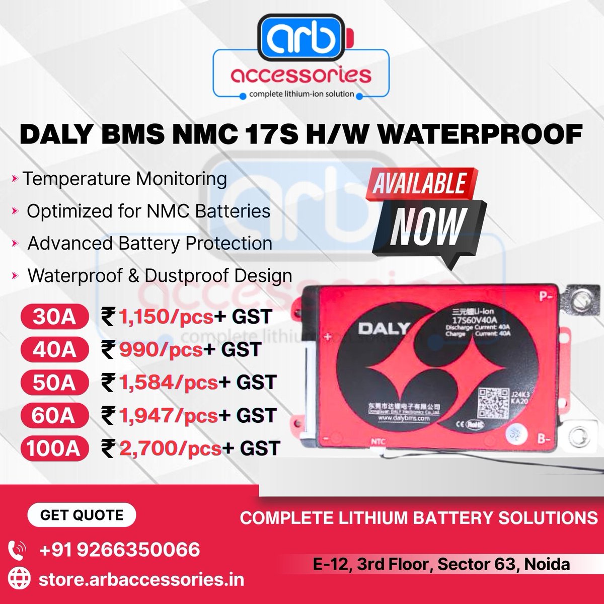arb_ltd's tweet image. 🔋 DALY BMS LFP &amp;amp; NMC⚙️

🔹 DALY BMS NMC 16S H/W Waterproof – 40A 50A 60A 100A
🔹 DALY BMS NMC 17S H/W Waterproof –  30A 40A 50A 60A 100A
🔹 DALY BMS NMC 20S H/W Waterproof – 40A 50A 60A 80A 100A

🛒 Buy Now: 
store.arbaccessories.in/category/daly-…

#Arbaccessories #DALYBMS #BatteryProtection