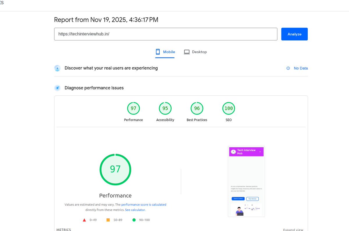 TechInterviewHQ's tweet image. Hit 97 Mobile PageSpeed on my own website!
Speed = SEO + more traffic.
If your site is slow, I can optimize it. DM
fiverr.com/s/5r9VP87