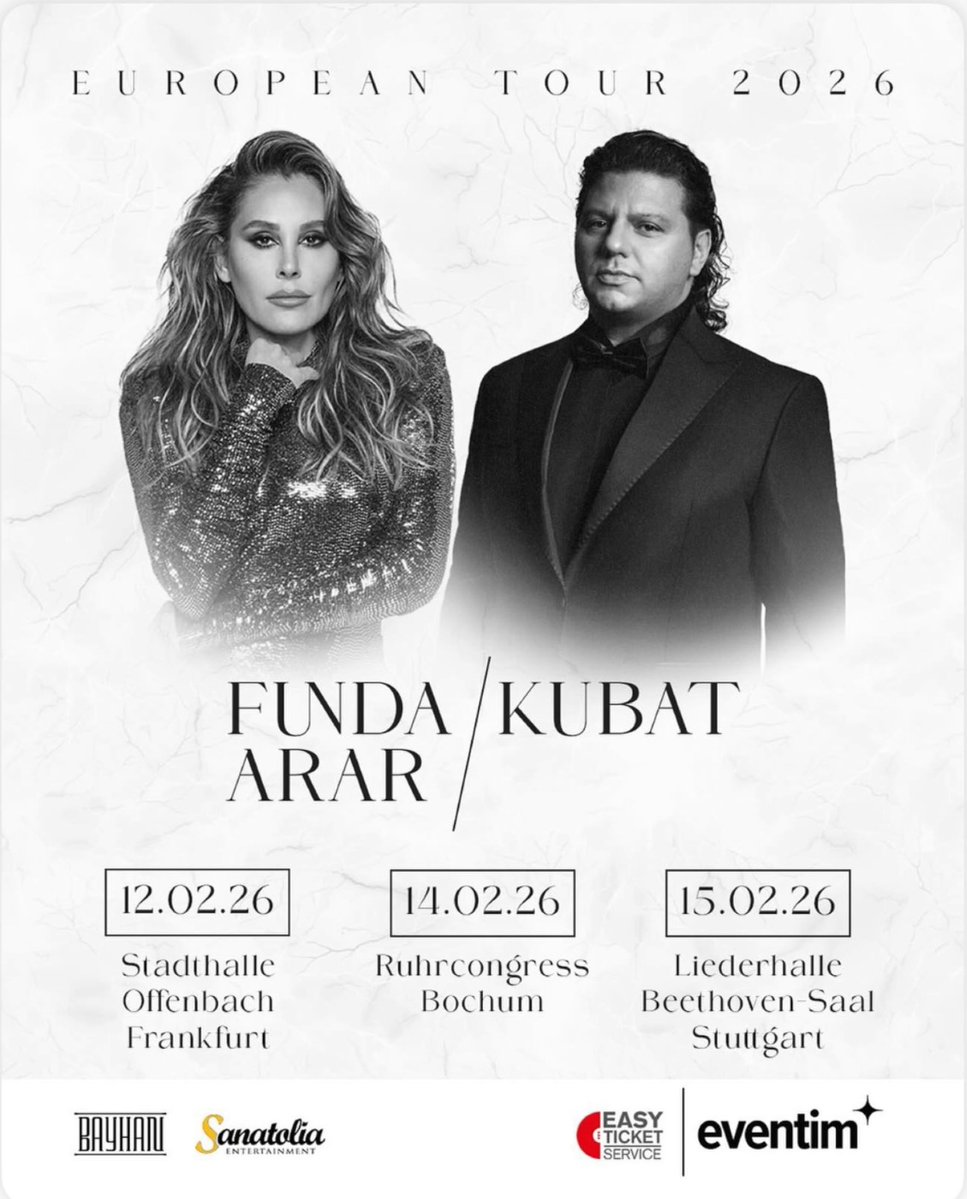 Funda Arar &amp; Kubat Avrupa Turnesi Başlıyor!
12 Şubat - Frankfurt
14 Şubat - Bochum
15 Şubat - Stuttgart

🎫Biletler için, Frankfurt ve Bochum - Eventim Stuttgart - Easy Ticket Service
<a href="/fundaarar/">Funda Arar</a> <a href="/kubatcomtr/">kubat</a> 
<a href="/cantalanioglu/">Can Talanioglu</a> <a href="/kadircetintas/">kadir çetintaş</a>