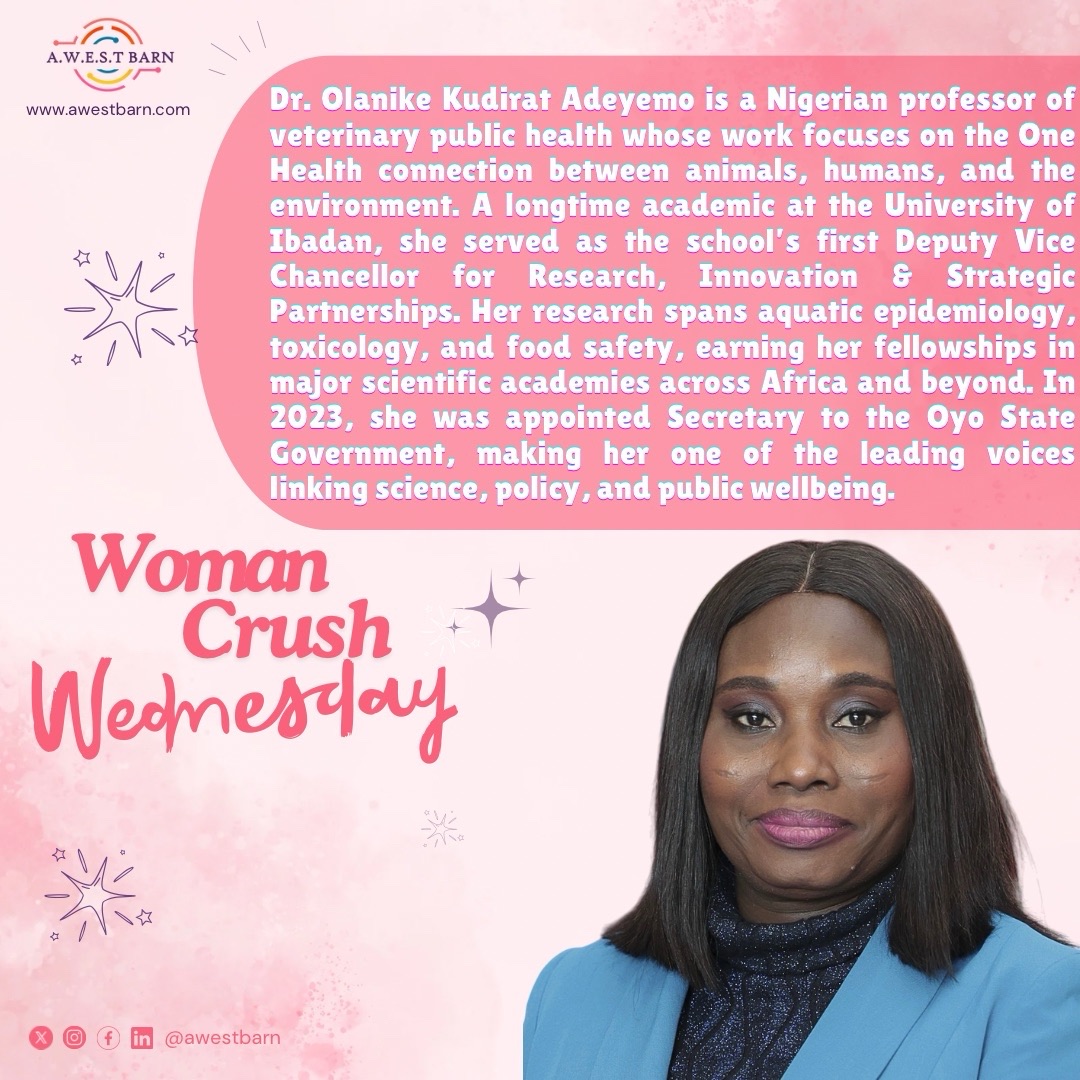 AwestBarn_'s tweet photo. Our #WCW is Dr. Olanike Kudirat Adeyemo @OlanikeAdeyemo1, a Nigerian veterinary public health scientist who pioneered “One Health” research.

#YouCanBeHer #AWESTBarn #AfricanWomenInSTEM #SDG3 #SDG14 #SDG6 https://t.co/kTvr4yaEIU