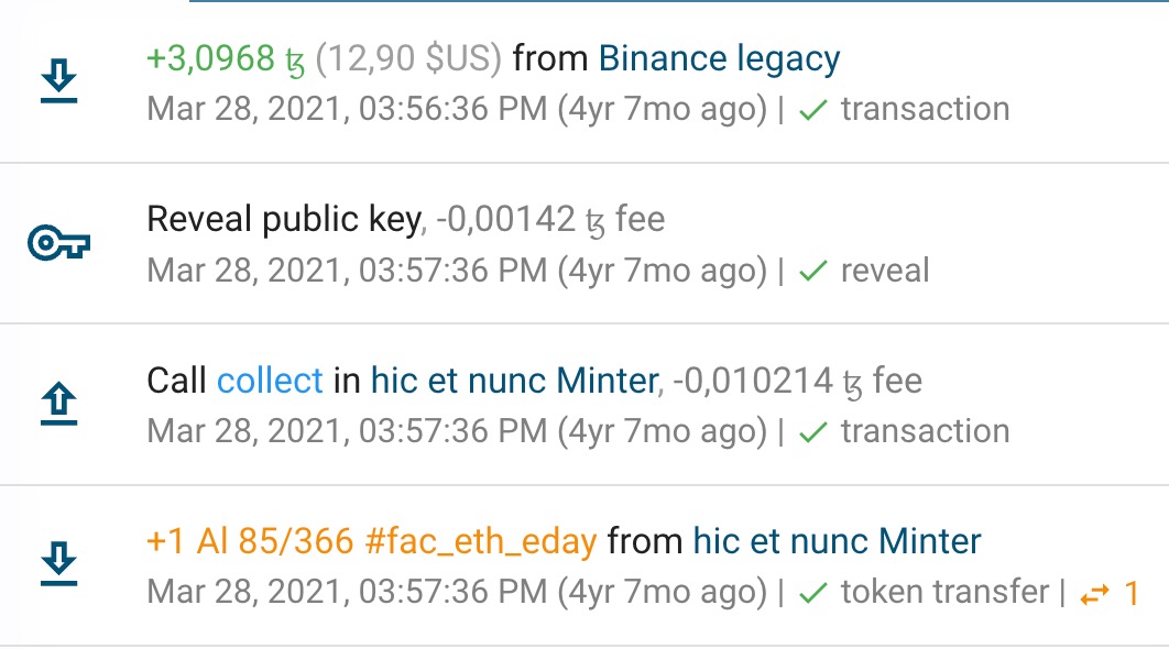 <a href="/tezos/">Tezos</a> 1. I bought 3 tezos (for ~13$)
2. Then I collected my first (free) NFT on hicetnunc made by <a href="/mimeartist/">mimeArtist</a> 
objkt.com/tokens/hicetnu…

Then I became a tezos nft addict 😉