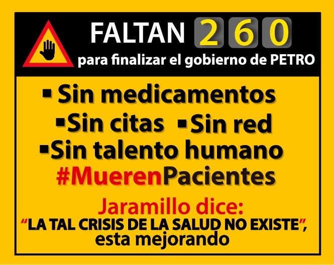 #Faltan260Dias 
Para finalizar el gobierno del presidente <a href="/petrogustavo/">Gustavo Petro</a> 👇 no van a parar la crisis de la salud, cada día la crisis será peor

#MuerenPacientes 

Cambio de interventores en 8 EPS intervenidas cada 4 meses aumenta la crisis para todos los agentes del sistema de