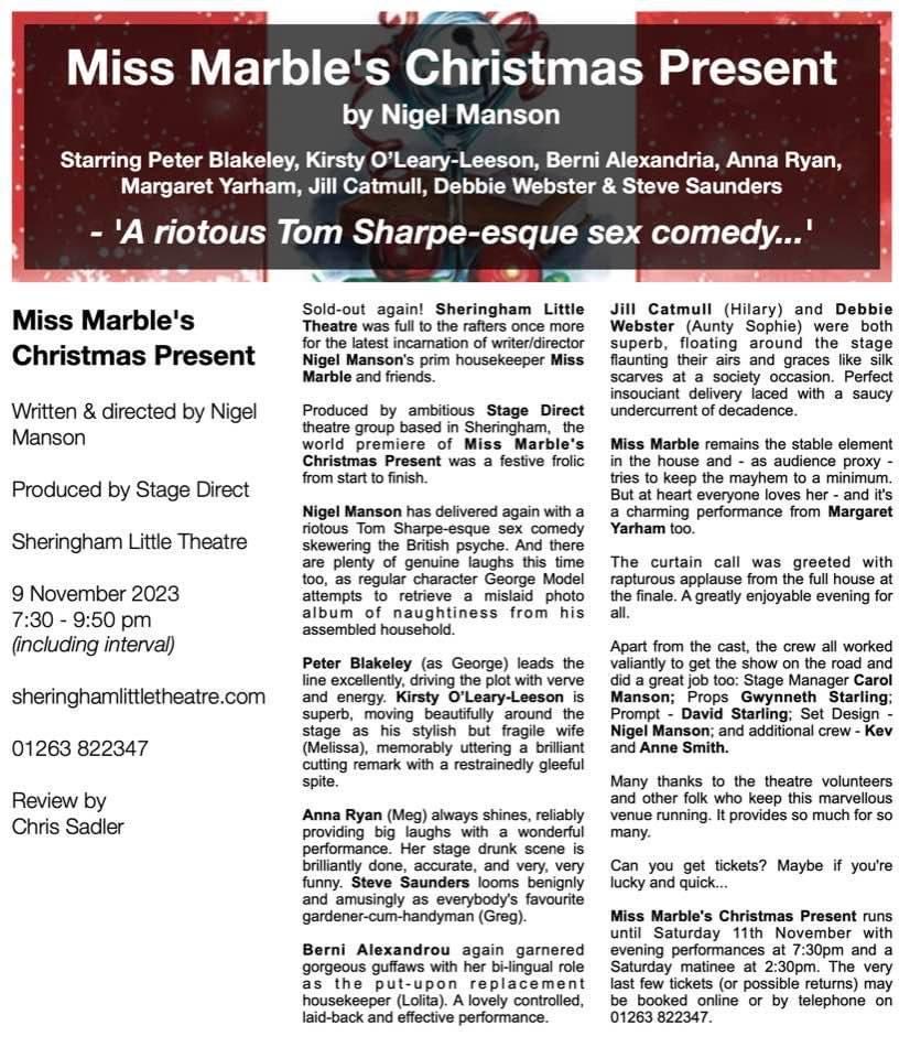 StageDirect's tweet image. Fabulous review for Nigel Manson’s comedy farce play script. Miss Marble’s Xmas present. Available on Amazon!